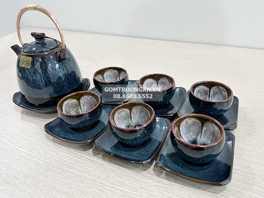 Bộ ấm chén men hỏa biến xanh lòng chén hoa dáng siêu 4